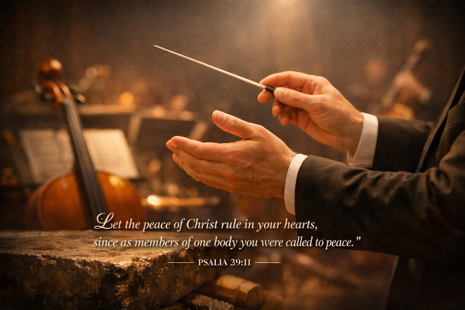 Bible verse wallpaper Colossians 3:15 with orchestra conductor hands and baton frozen mid-gesture in moment of silence
